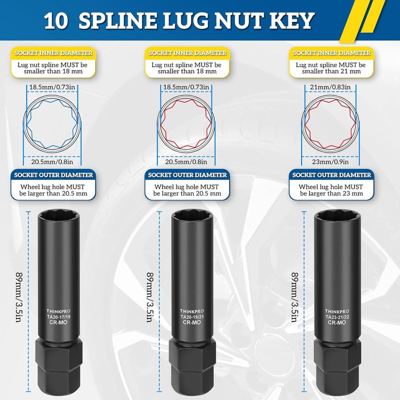Thinkpro 10-Spline Lug Nut Key, Compatible with Bimecc 10-Spline Lug Nuts and Bolts, 10-Point Wheel Lock Socket for Easy Removal (3-Piece Pack) - Image 4